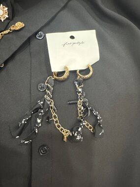 Free People Gold Hoop Earrings with Black Printed Fabric Tassels